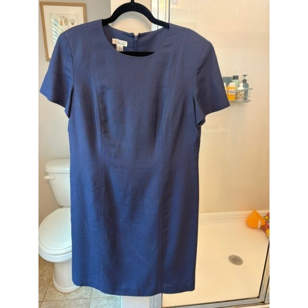 Talbots Vintage Blue Linen Blend Sheath Dress Short Sleeve Workwear Size 12